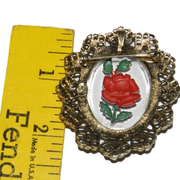 Vintage Intaglio Crystal Glass Reverse Engraved Rose Floral Brooch Pendant - Picture 4 of 7